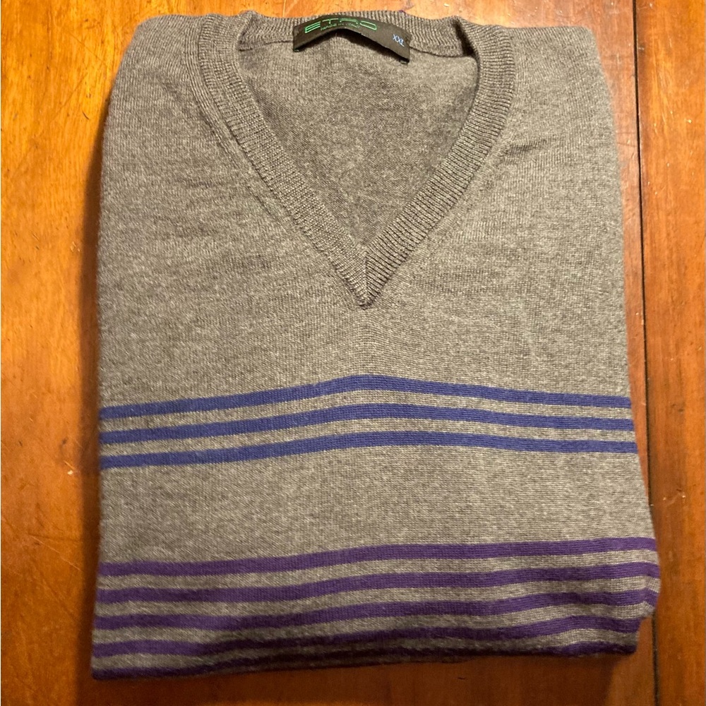 Etro Mens v neck sweater soft wool blend gray,purple & blue horizontally stripes